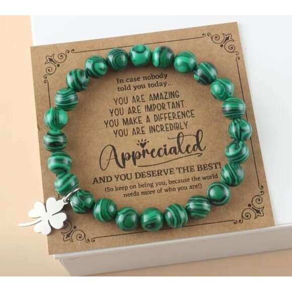 Natural Peacock Stone Bead Bracelet with Lucky Four-Leaf Clover - Picture 4 of 5